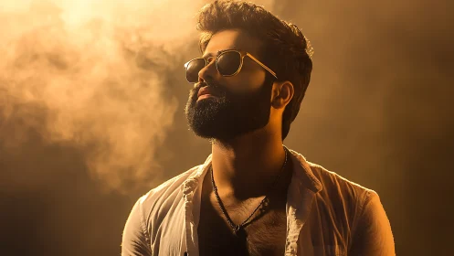 Golden light embraces a confident man in cool sunglasses.