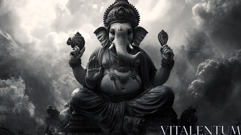 Monochrome depiction of seated Ganesha statue amid clouds.