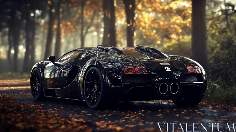 Midnight-black supercar resting in a golden autumn forest.