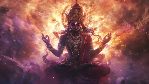 Divine cosmic deity meditates within swirling stellar fire.