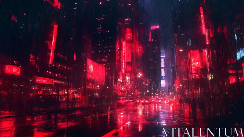 Rain-soaked neon avenue compresses depth with red-saturated contrast