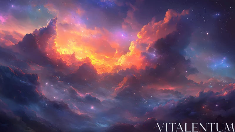 Cloudscape shows vivid sunset light blending into starry sky