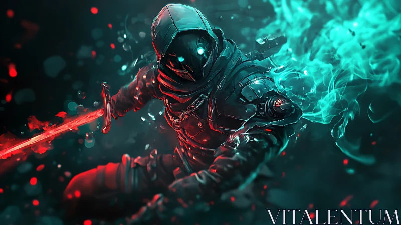 Hooded cyber assassin lunges forward with neon plasma blade