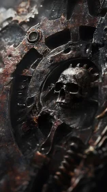 Corroded biomechanical skull integrated into heavy rusted gearwork