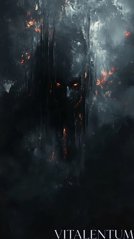 Infernal shadow figure emerges within smoldering darkness