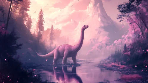 Sauropod dinosaur stands in reflective river under pink sky