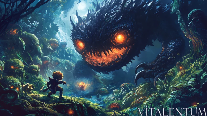 Child warrior confronts colossal ember-eyed forest monster