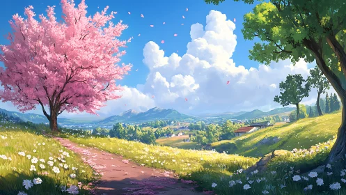 Cherry blossom path across bright rural spring valley.