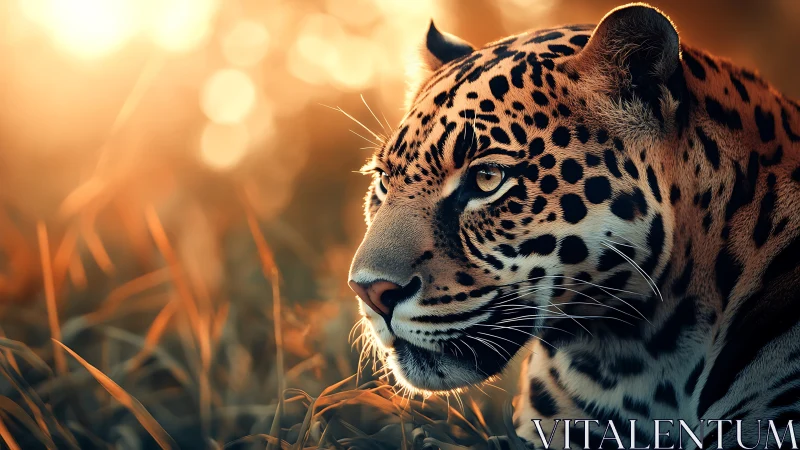 Photorealistic jaguar portrait in cinematic sunset lighting.