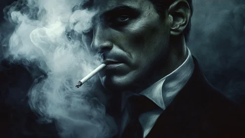 Moody noir portrait of smoking man in dramatic smoke veil.