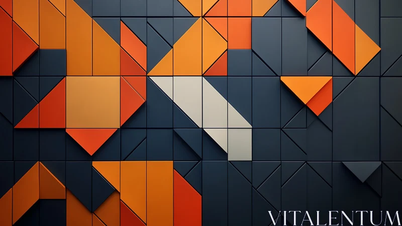 Geometric wall relief of orange panels on deep navy grid.