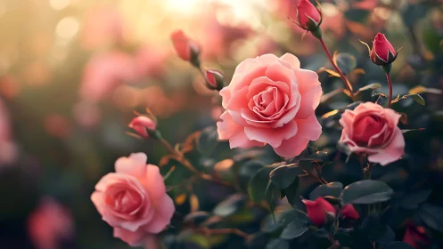 Soft-Focus Rose Garden with Luminescent Pink Blooms and Bokeh Effect