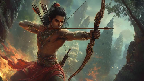 Warrior archer draws ornate bow in dense ruined landscape