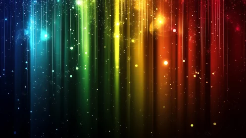 Cascading rainbow light streams glow gently in the dark