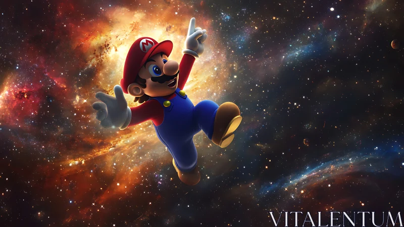 Cartoon plumber character floating in vivid outer space.