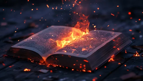 Burning Book with Fiery Embers in Dark Atmosphere.
