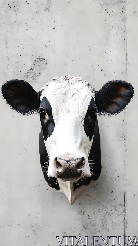 Front-facing Holstein cow portrait against plain gray wall.