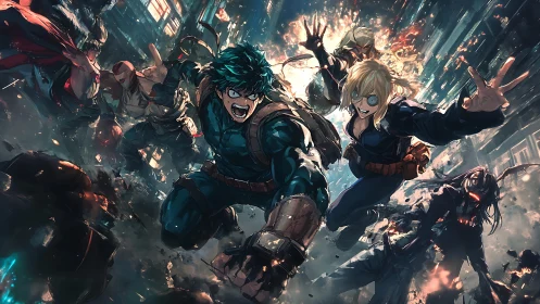 Urban hero squad explodes through chaos in neon-streaked night.