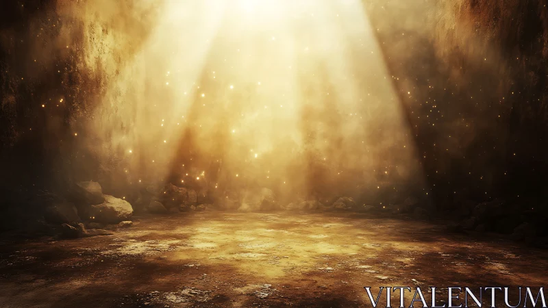 Golden light floods a mystical cavern floor in hazy silence