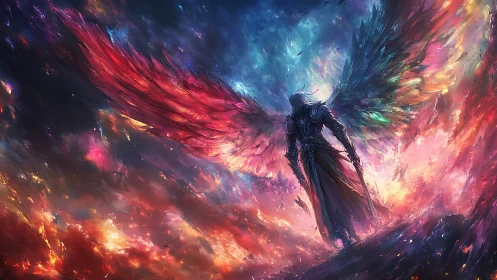 Winged armored figure stands amid chromatic turbulent sky