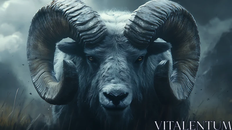 Storm-lit ram portrait with monumental curling horns.