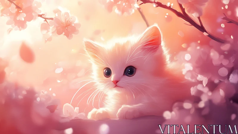 White Kitten Among Cherry Blossoms in Pink Tones