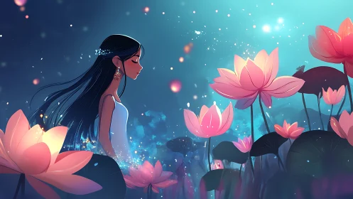 Serene girl among glowing lotus blooms in ethereal nightscape.