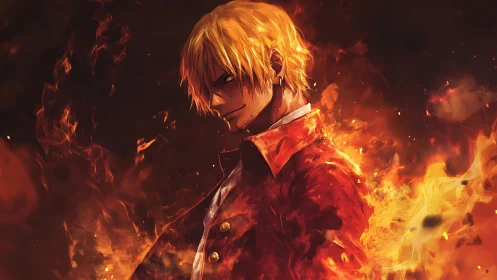 Blond anime antihero engulfed in swirling inferno flames.