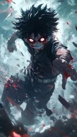 Ferocious anime boy lunges forward with bloody grin.