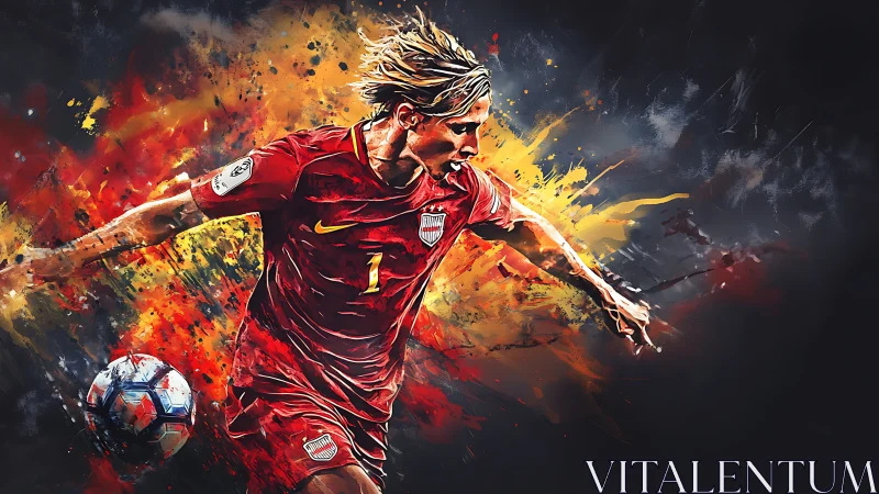 Dynamic vectorized footballer amid chromatic motion fields.