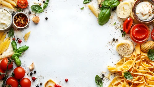 Colorful Italian pasta ingredients frame a bright cooking scene