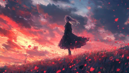 Solitary girl in crimson flower field at blazing sunset.