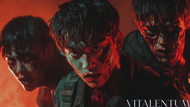 Bloodied survivors in intense horror scene portrait.