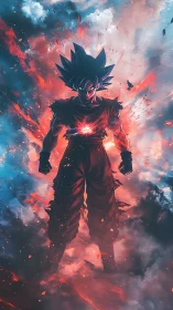 Blazing anime warrior stands calm within swirling cosmic fire