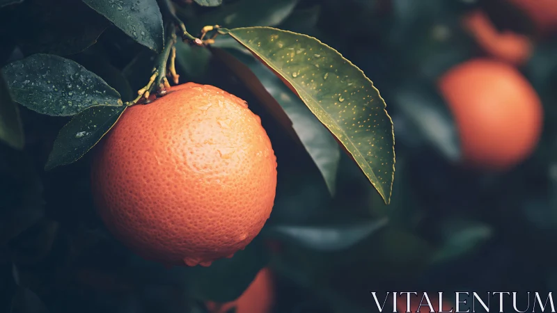 Morning citrus glow among dew-kissed garden leaves.
