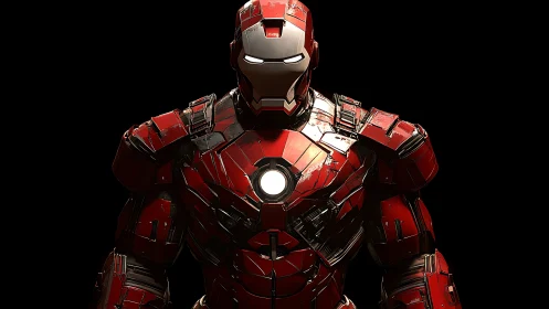 Armored red hero standing bold in a glowing metal suit.