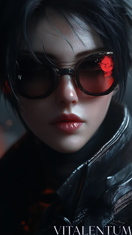 Midnight courier watches neon ghosts flicker in her shades