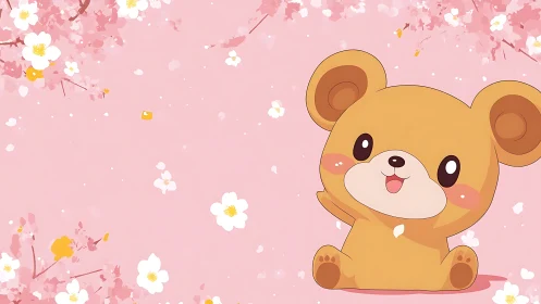 Cute chibi bear smiles beneath soft cherry blossoms.