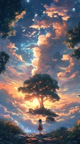 Celestial horizon tree over clouds with solitary child figure.