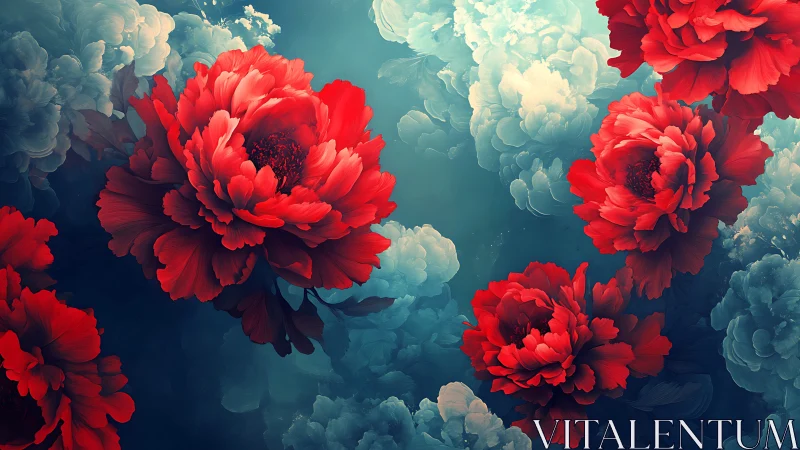 Vivid red peonies suspended within ethereal teal cloudscape composition.