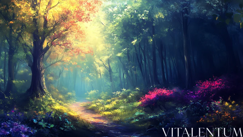 Sunlit Forest Corridor with Floral Undergrowth