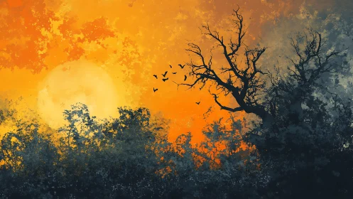 Silhouetted dead tree and birds against textured orange dusk sky
