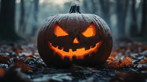 Grinning jack-o’-lantern glows eerily in a misty forest clearing