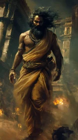 Storm-walking warrior sage strides through a burning temple
