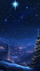 Peaceful winter village under a guiding Christmas star.