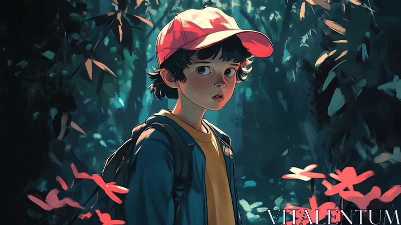 Curious child pauses in a glowing forest alive with color