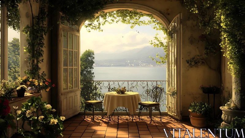 Romantic lakeside terrace opens to sunlit mountain view.