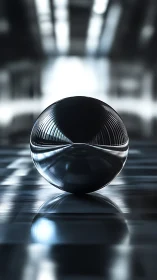 Symmetric chrome sphere in high contrast corridor lighting.