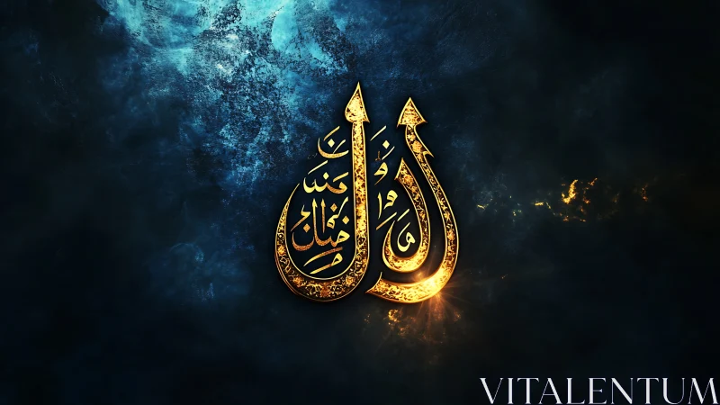 Golden Arabic calligraphy burns softly in cosmic blue haze