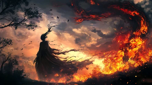 Dark silhouette confronting roaring dragon of fire at dusk.